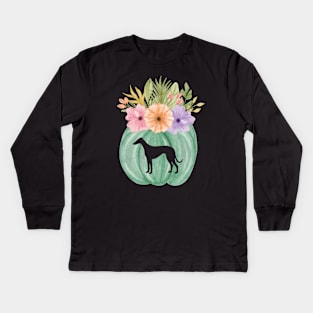 Greyhound Teal Pumpkin with Fall Flowers Kids Long Sleeve T-Shirt